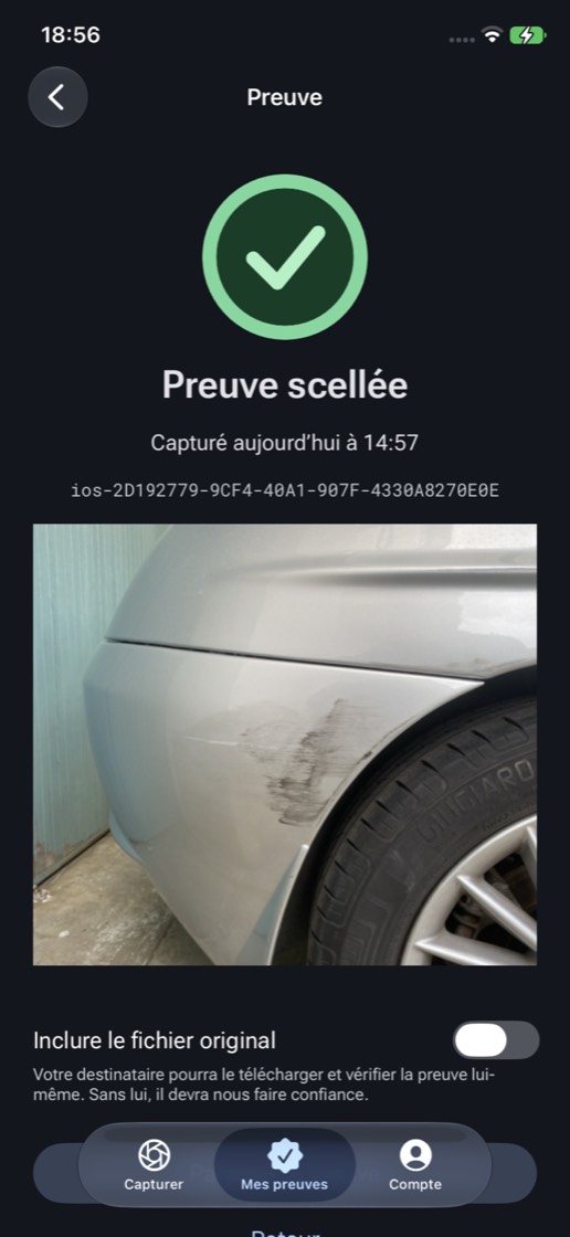 L’écran de l’application juste après le scellement : la preuve est scellée, avec le choix de joindre ou non le fichier d’origine au lien.